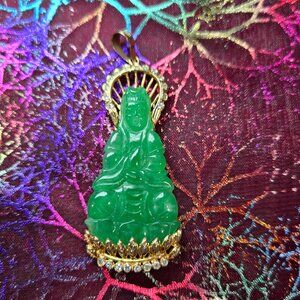 Vintage Guan Yin Jade Pendant | 18K with Diamond Accents
